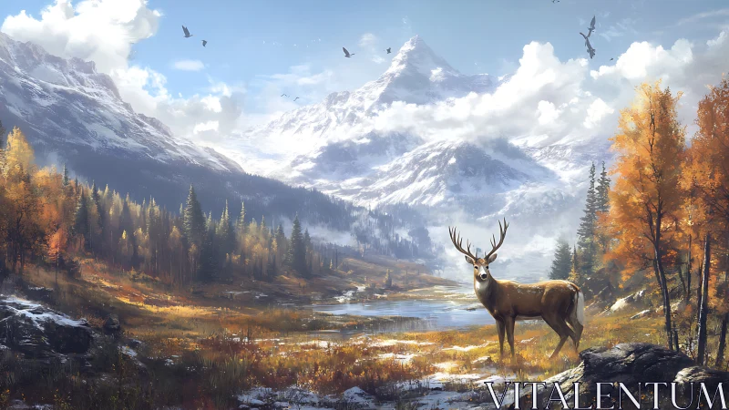 High-detail autumn valley with stag before snow-capped peak