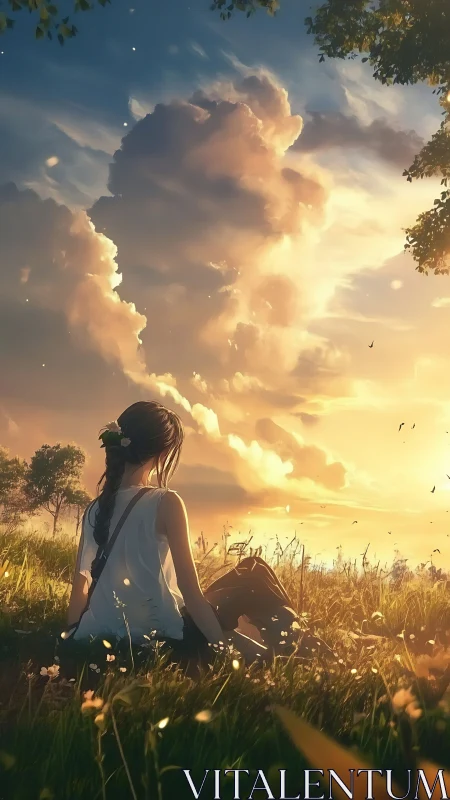 Sunlit meadow daydream with quiet skywatching girl.