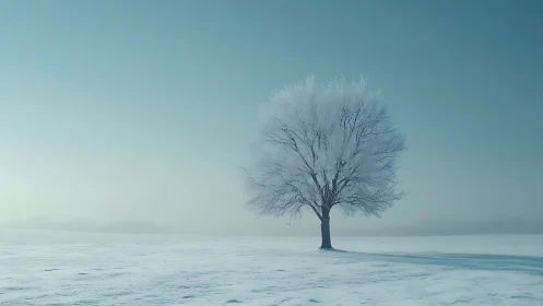 Quiet winter tree stands calmly in a wide frosted field