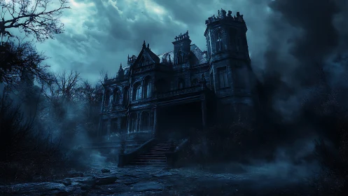 Gothic mansion stands amid dense fog and storm clouds
