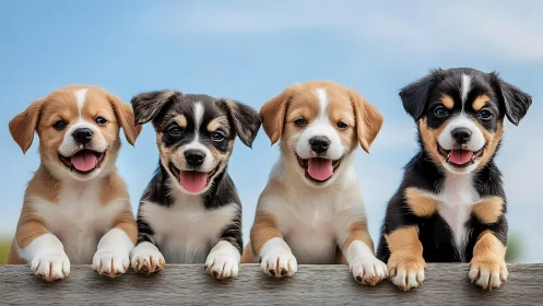 Four young mixed-breed puppies aligned against blue sky background.