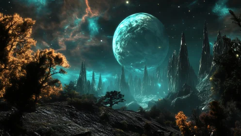 Dreamy alien valley under a glowing turquoise moon.