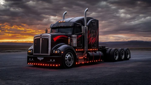 Custom black semi truck glows against a dramatic sunset sky