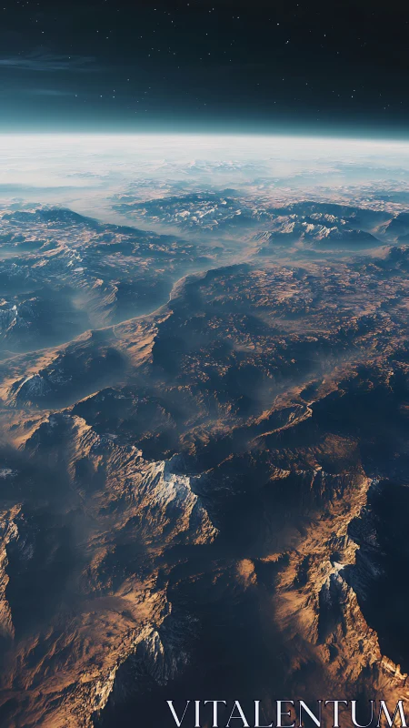 Endless mountain ridges glow softly beneath a quiet cosmos