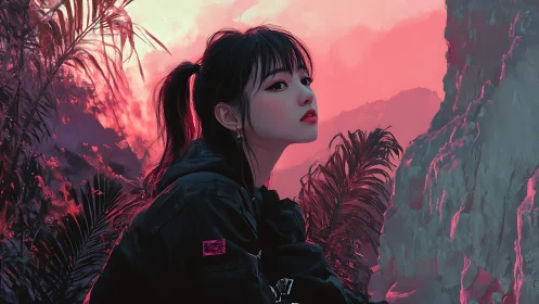 Solitary girl studies neon sunset sky over jungle cliffs