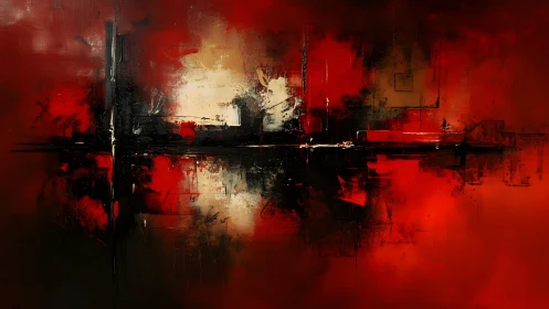 Bold Abstract Painting with Fiery Red and Black Palette, Modern Style.