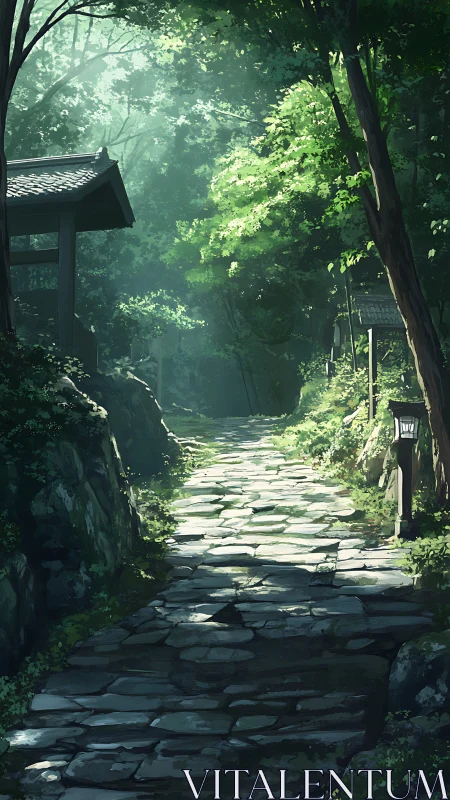 Sunlit stone path ascending through dense Japanese forest