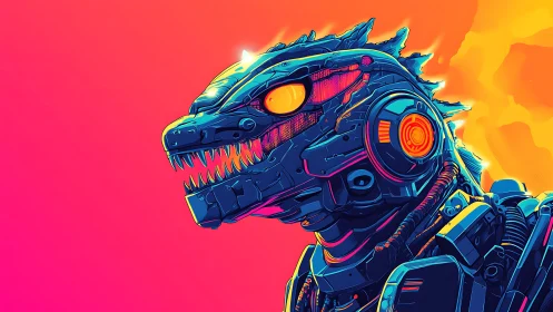 Neon mecha dragon roars against a blazing cyber sunrise.