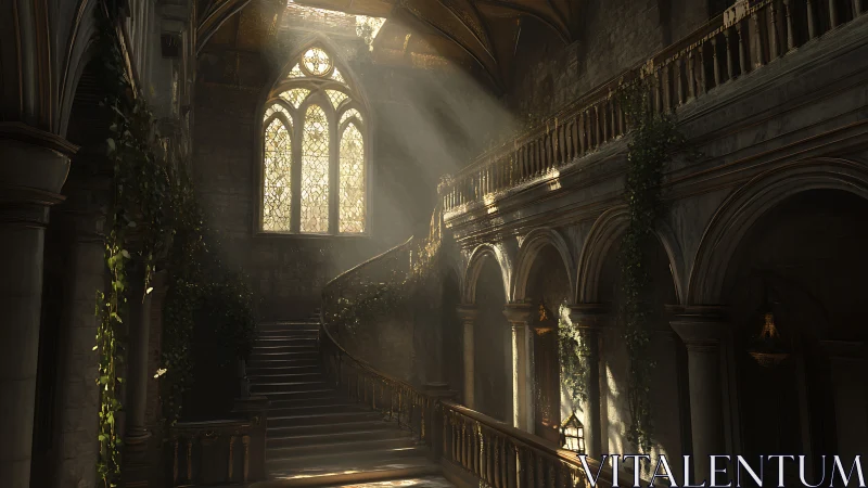 Sunlit gothic stair hall with ivy and volumetric dust rays.