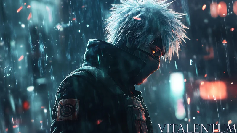 Masked anime warrior stands in neon city rain at night