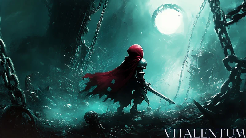 Lone red cloaked warrior confronts glowing portal in ruins.