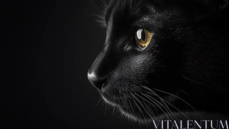 Black Cat Portrait with Amber Eyes Against Dark Background