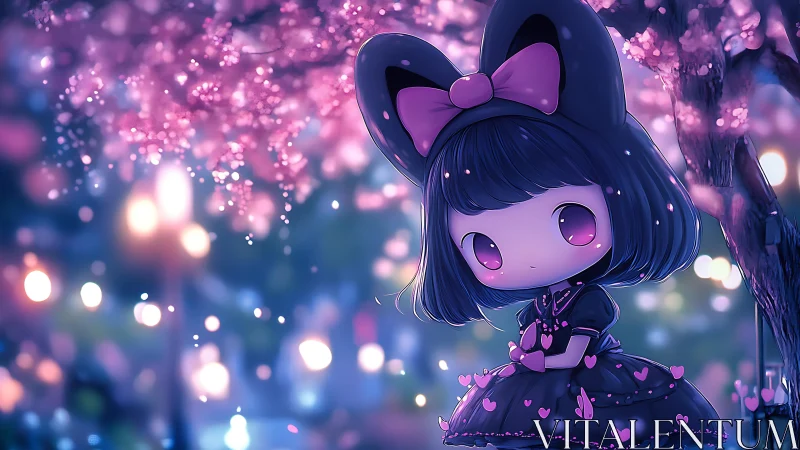 Chibi gothic girl sits under sakura bokeh in neon twilight