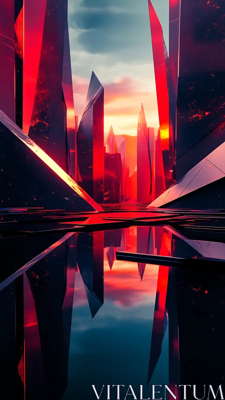 Red crystalline structures reflect in water under sunset sky