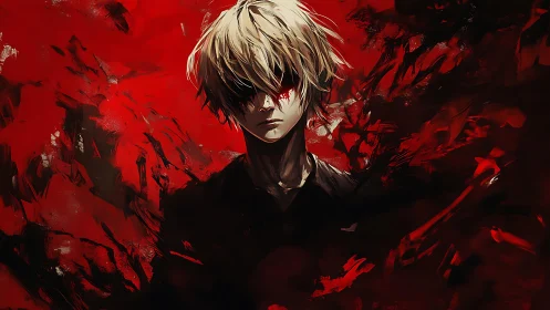 Bloodlit anime antihero stands amid chaotic crimson storm.