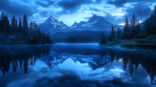 Silent blue mountains rest over a calm mirrorlike lake