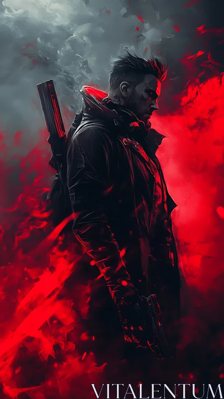 Cybernetic gunman in red-black atmospheric backlit volumetrics