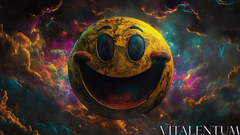 Textured cosmic smiley sphere amid iridescent nebular clouds