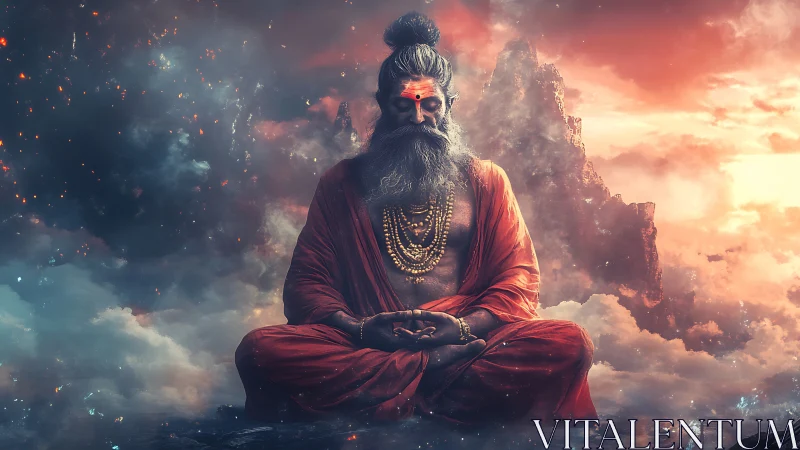 Mystic sage in crimson robes meditating within celestial clouds.