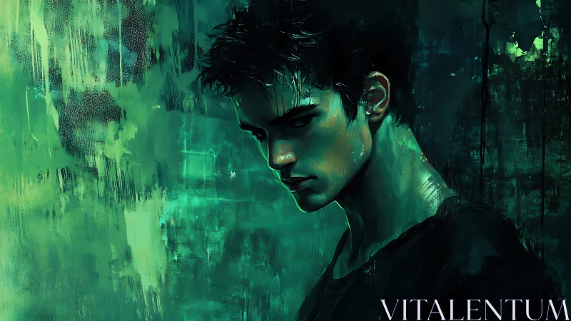 Brooding young man stands in moody teal-green shadows