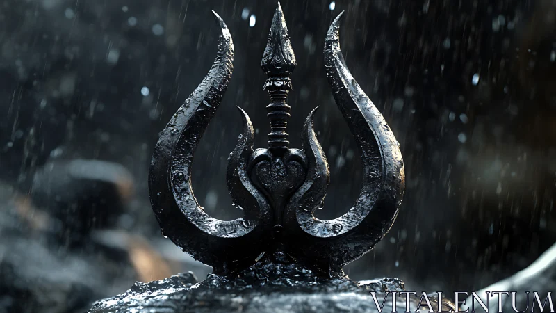 Weathered trident emblem under cinematic volumetric rainfall.