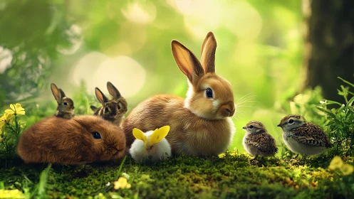 Young rabbits and small birds gathered on forest moss.