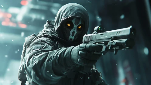 Hooded masked figure aiming handgun in snowy urban setting.