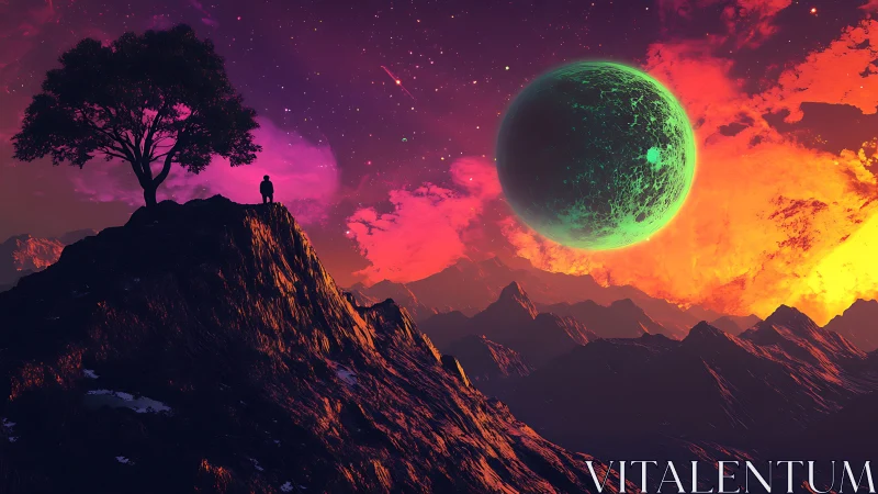 Figure on cliff beneath green planet in vivid sky.