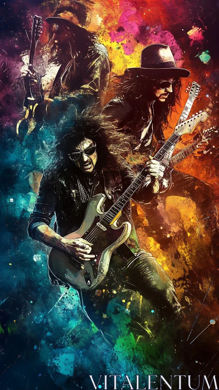 Electric rock guitarist triptych in explosive color storm.