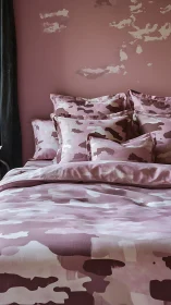 Pink camouflage bedding set covers bed against matching wall