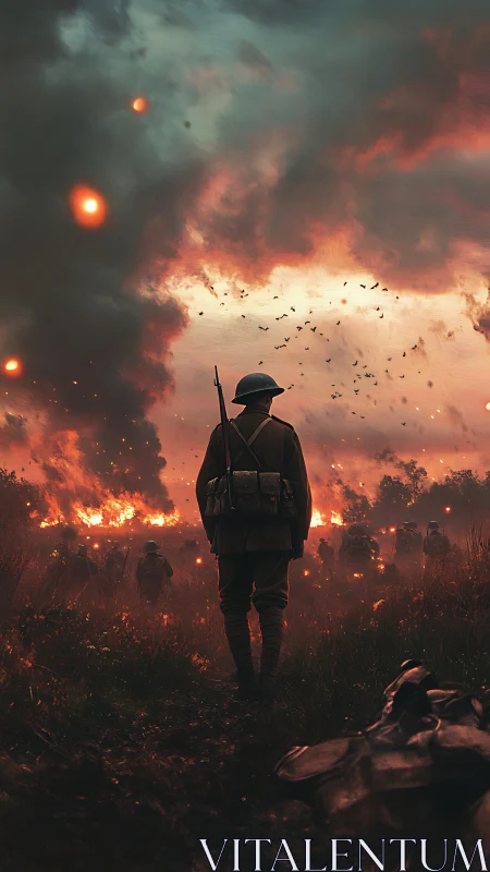 Solitary infantry figure observes advancing troops and fire