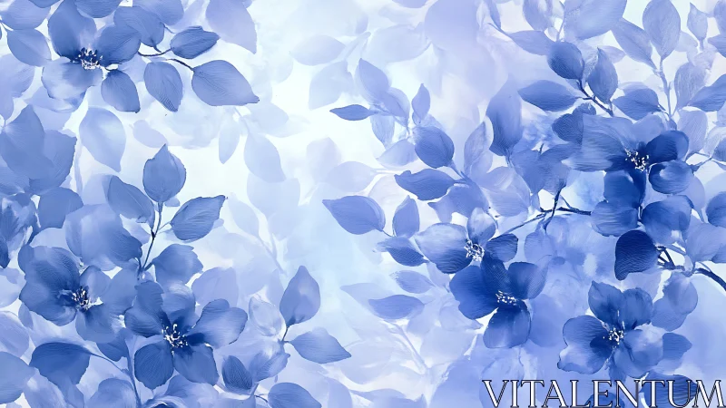Blue floral branches in soft layered botanical composition.