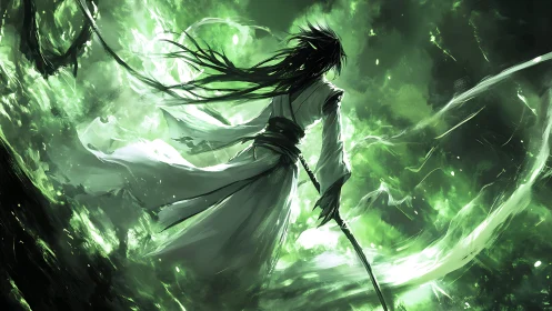 Sword-wielding warrior within luminous emerald energy storm.