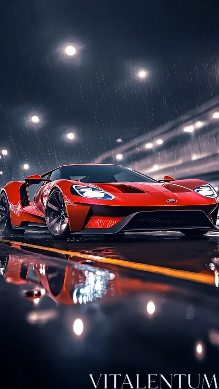 Red supercar shreds wet highway under neon rainstorm.