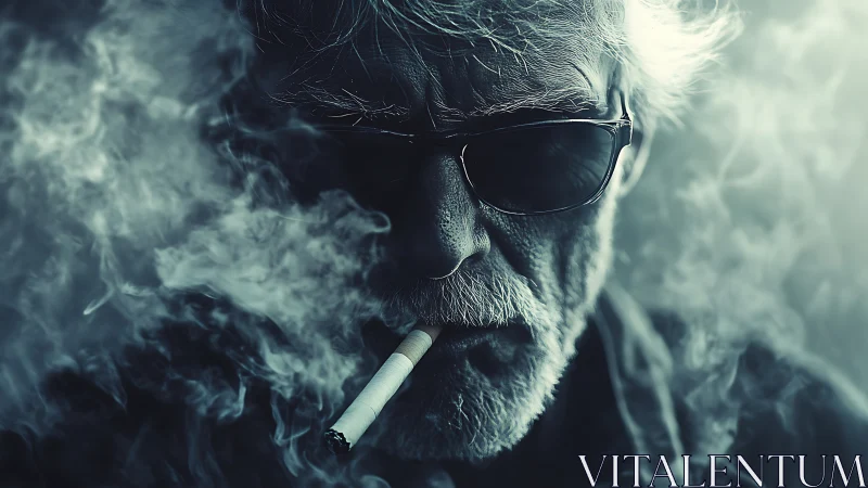 Older man in sunglasses smoking surrounded by dense smoke.