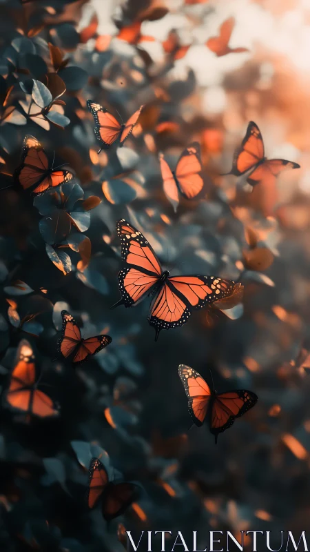 Monarch butterflies glowing in soft woodland dusk light.