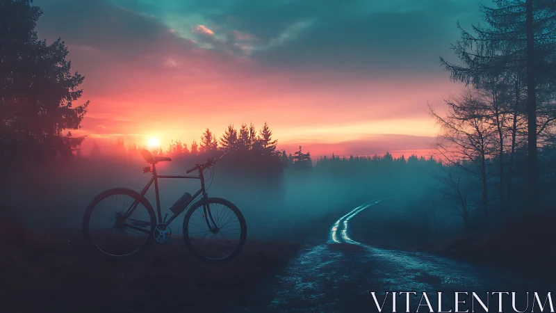 Bicycle on Rural Road at Sunrise with Forest Mist.