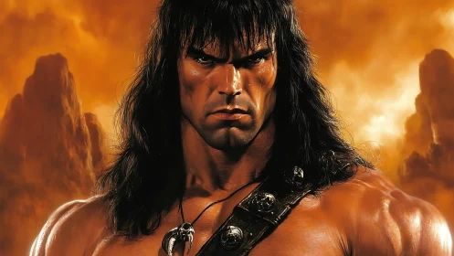 Barbarian warrior portrait against molten atmospheric backdrop