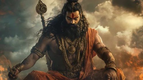 Mythic warrior ascetic in stormlit cinematic digital rendering.