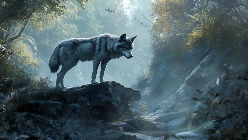 Wolf stands on rocky outcrop in misted forest environment