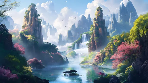 Serene mountain lake with waterfalls and distant peaks.