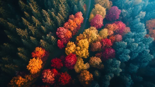 Autumn forest canopy displays mixed foliage colors from above