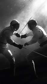 Monochrome épée duel under directional backlit arena haze