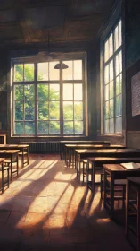 Sunlit empty classroom with long evening shadows.