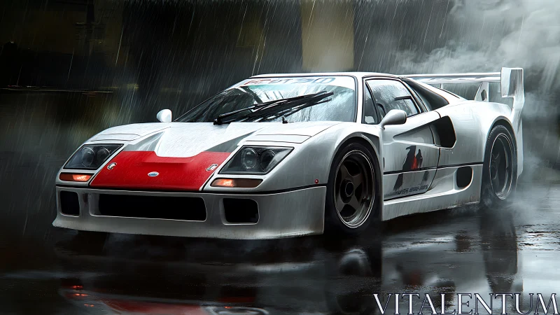 White race car in rain on wet pavement with rear wing.