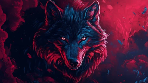 Neon wolf portrait in dual-tone digital painting composition.