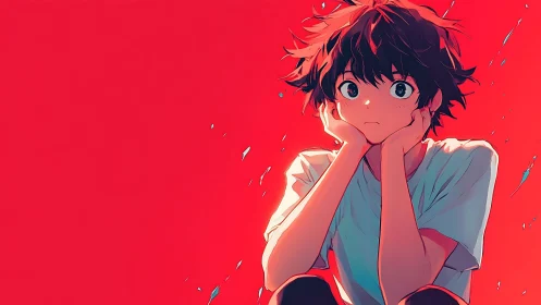 Boy with tousled hair sits against red background, thinking