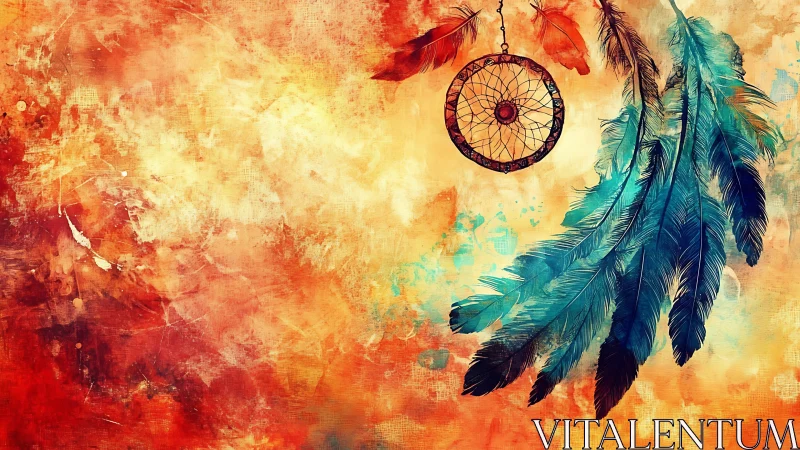 Dreamcatcher with turquoise feathers on fiery abstract ground