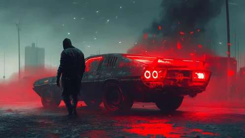 Hooded drifter beside neon car in toxic crimson fog.
