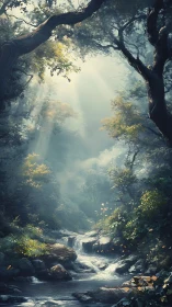 Luminescent Forest Canyon with Cascading Stream Pathway.